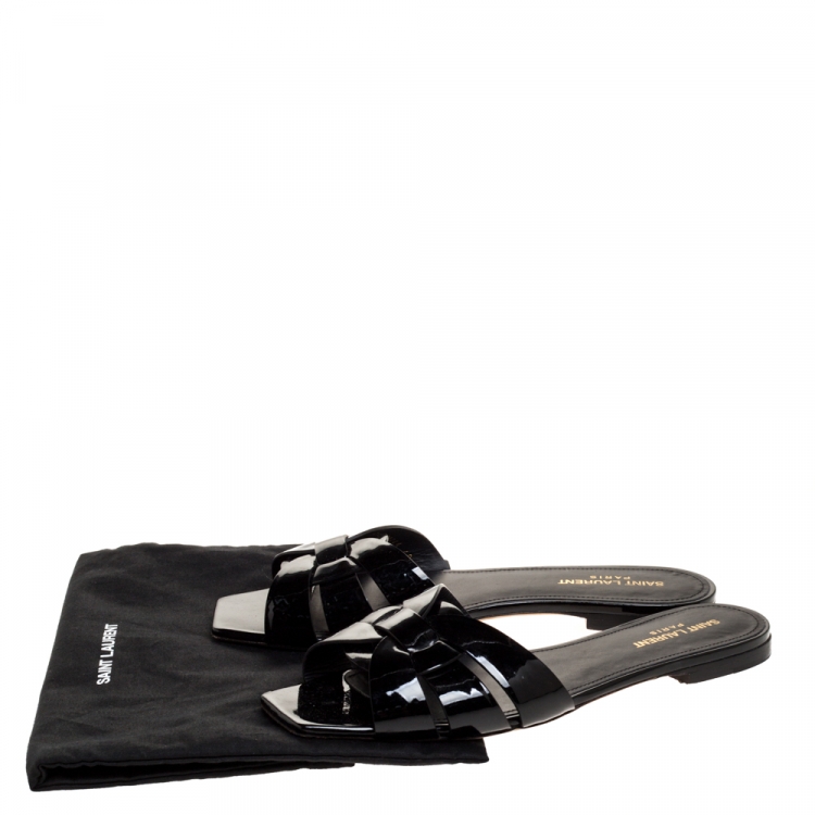 Pre Owned Saint Laurent Paris Black Patent Leather Tribute Flats Size 40
