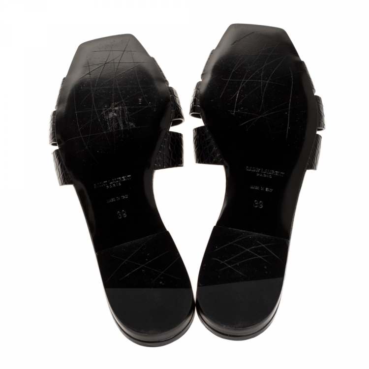 Pre Owned Saint Laurent Paris Black Croc Embossed Leather Tribute Flat Slides Size 39