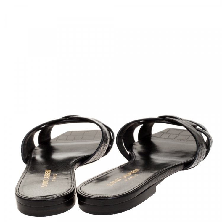 Pre Owned Saint Laurent Paris Black Croc Embossed Leather Tribute Flat Slides Size 39