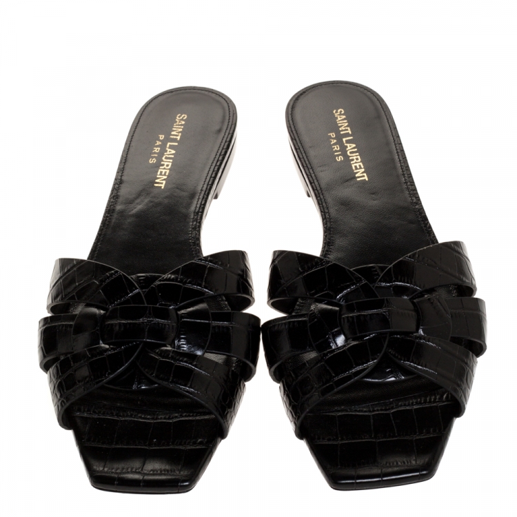 Pre Owned Saint Laurent Paris Black Croc Embossed Leather Tribute Flat Slides Size 39