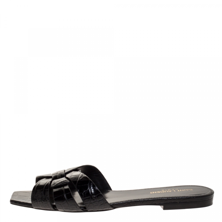Pre Owned Saint Laurent Paris Black Croc Embossed Leather Tribute Flat Slides Size 39