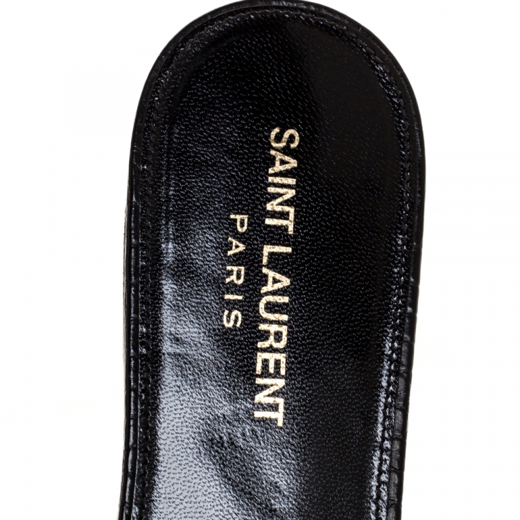Pre Owned Saint Laurent Paris Black Croc Embossed Leather Tribute Flat Slides Size 39