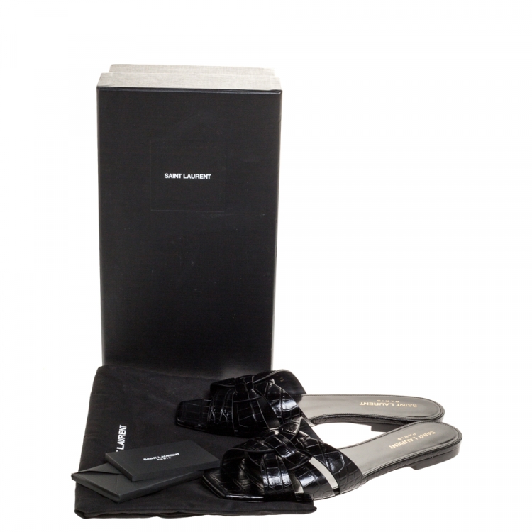 Pre Owned Saint Laurent Paris Black Croc Embossed Leather Tribute Flat Slides Size 39