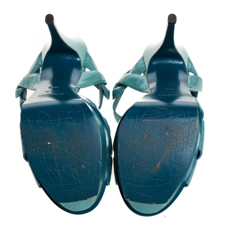Pre Owned Saint Laurent Paris Blue Textured Patent Leather Tribute Sandals Size 39.5