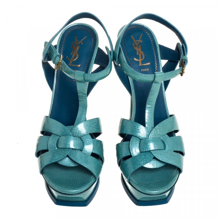 Pre Owned Saint Laurent Paris Blue Textured Patent Leather Tribute Sandals Size 39.5