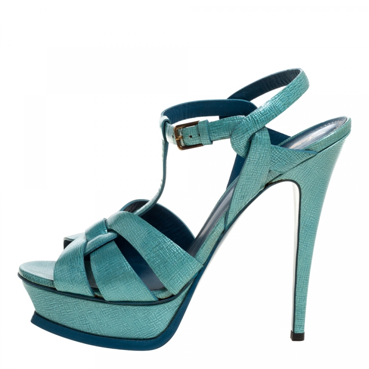 Pre Owned Saint Laurent Paris Blue Textured Patent Leather Tribute Sandals Size 39.5