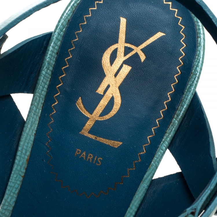 Pre Owned Saint Laurent Paris Blue Textured Patent Leather Tribute Sandals Size 39.5