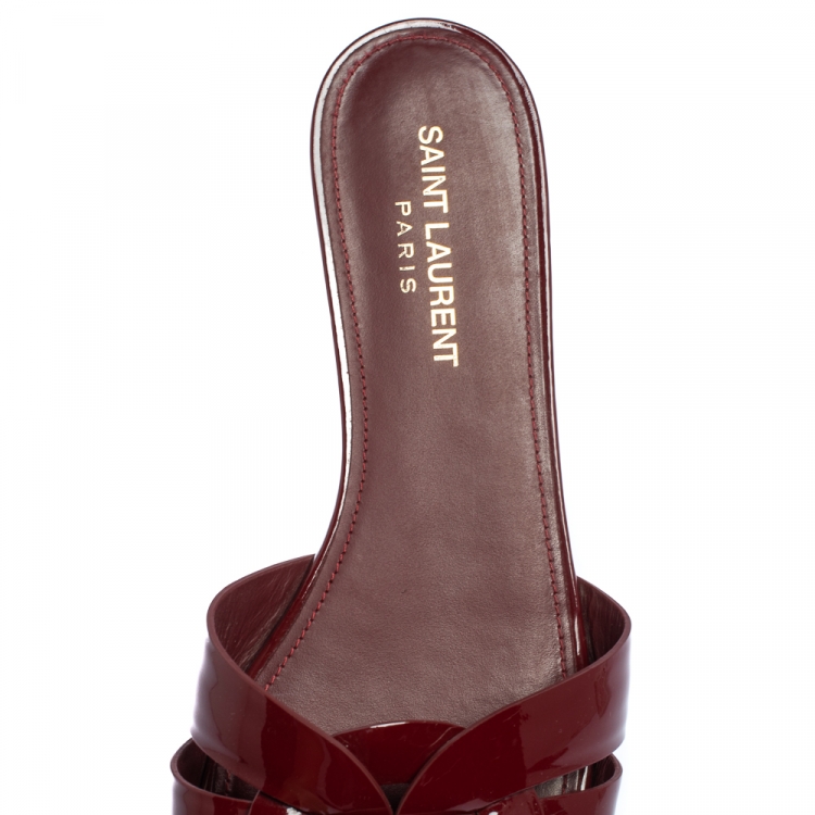 Pre Owned Saint Laurent Burgundy Patent Leather Tribute Flat Slides Size 38.5