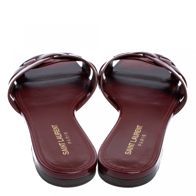 Pre Owned Saint Laurent Burgundy Patent Leather Tribute Flat Slides Size 38.5