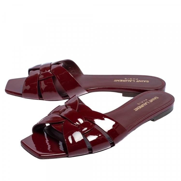 Pre Owned Saint Laurent Burgundy Patent Leather Tribute Flat Slides Size 38.5