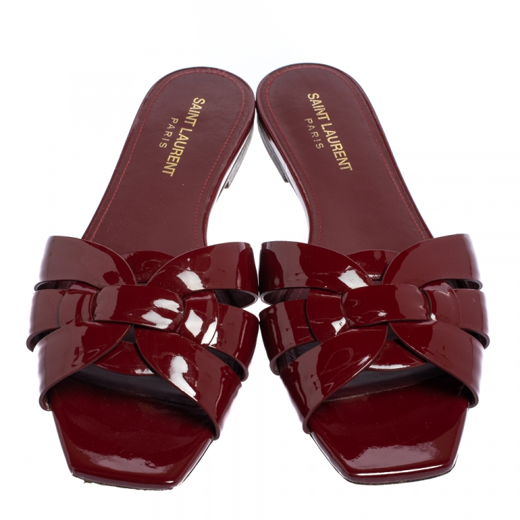 Pre Owned Saint Laurent Burgundy Patent Leather Tribute Flat Slides Size 38.5