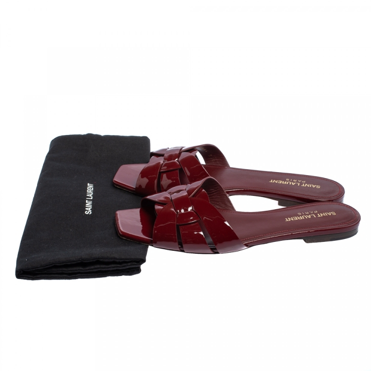 Pre Owned Saint Laurent Burgundy Patent Leather Tribute Flat Slides Size 38.5