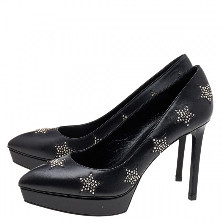 Pre Owned Saint Laurent Black Leather Studded Star Janis Platform Pumps Size 38