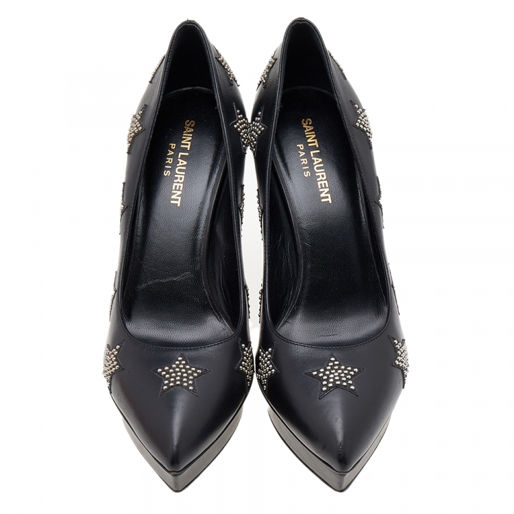 Pre Owned Saint Laurent Black Leather Studded Star Janis Platform Pumps Size 38