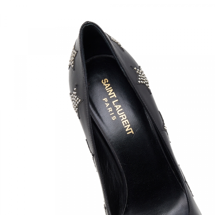 Pre Owned Saint Laurent Black Leather Studded Star Janis Platform Pumps Size 38