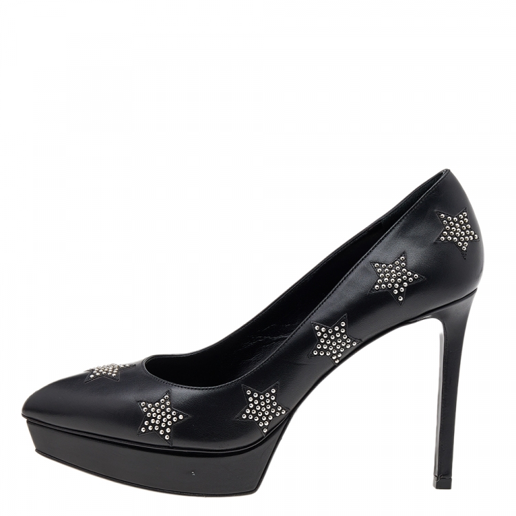 Pre Owned Saint Laurent Black Leather Studded Star Janis Platform Pumps Size 38