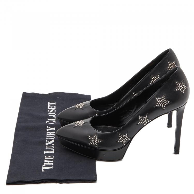 Pre Owned Saint Laurent Black Leather Studded Star Janis Platform Pumps Size 38