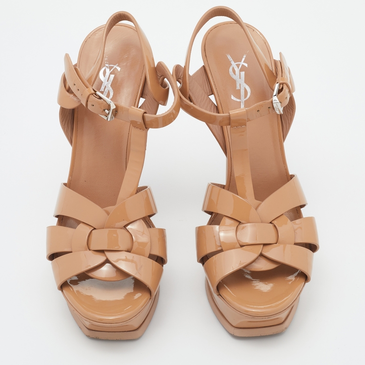 Pre Owned Saint Laurent Beige Patent Leather Tribute Sandals Size 37