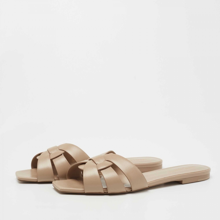 Pre Owned Saint Laurent Beige Leather Tribute Slides Size 40