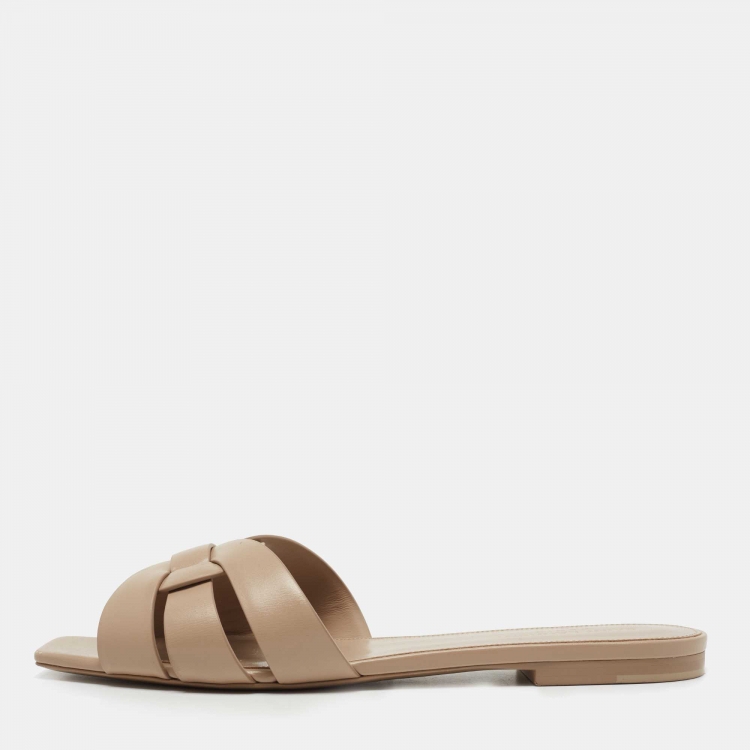 Pre Owned Saint Laurent Beige Leather Tribute Slides Size 40