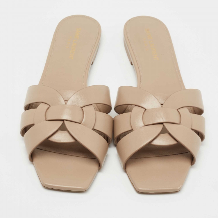 Pre Owned Saint Laurent Beige Leather Tribute Slides Size 40