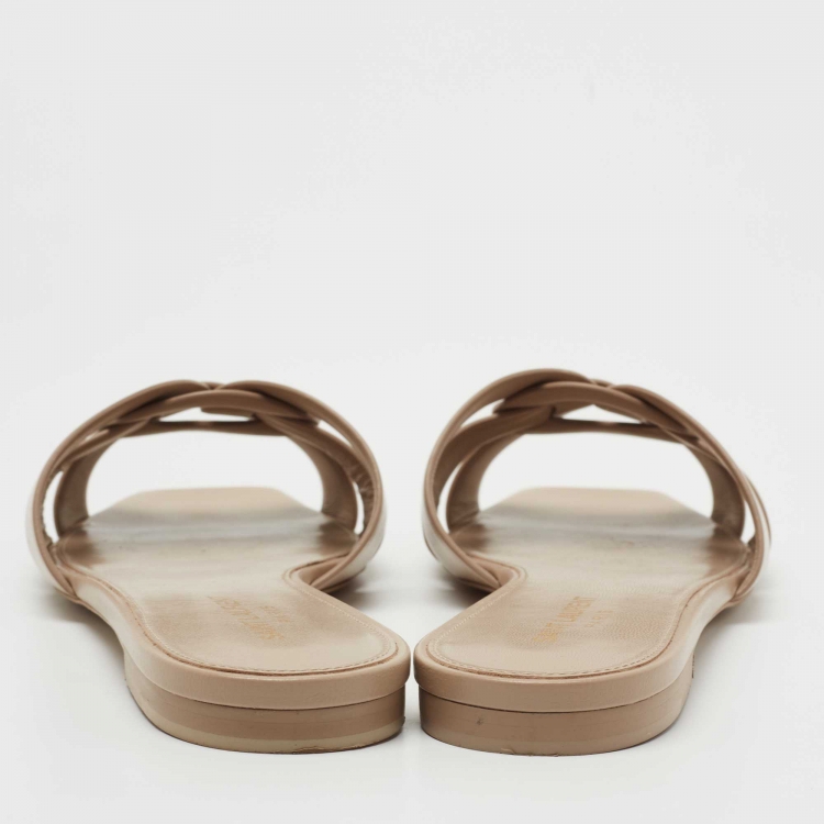 Pre Owned Saint Laurent Beige Leather Tribute Slides Size 40