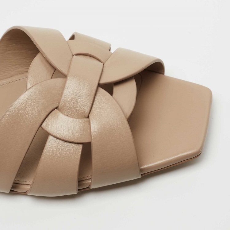 Pre Owned Saint Laurent Beige Leather Tribute Slides Size 40