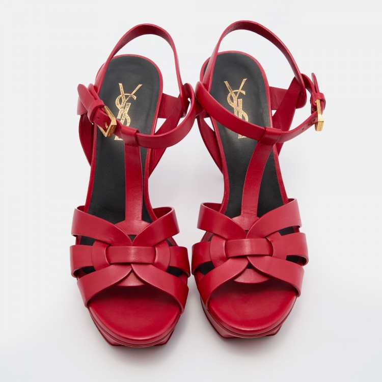 Pre Owned Saint Laurent Red Leather Tribute Platform Sandals Size 36