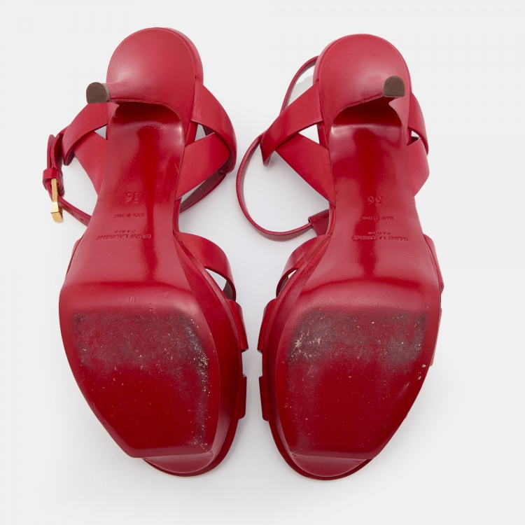 Pre Owned Saint Laurent Red Leather Tribute Platform Sandals Size 36