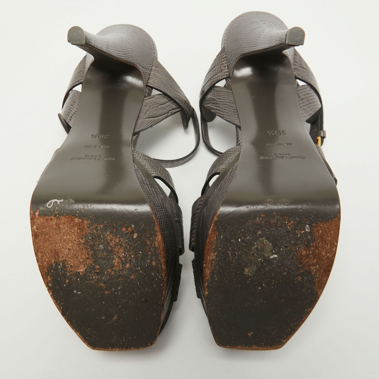 Pre Owned Saint Laurent Grey Lizard Embossed Leather Tribute Sandals Size 39.5