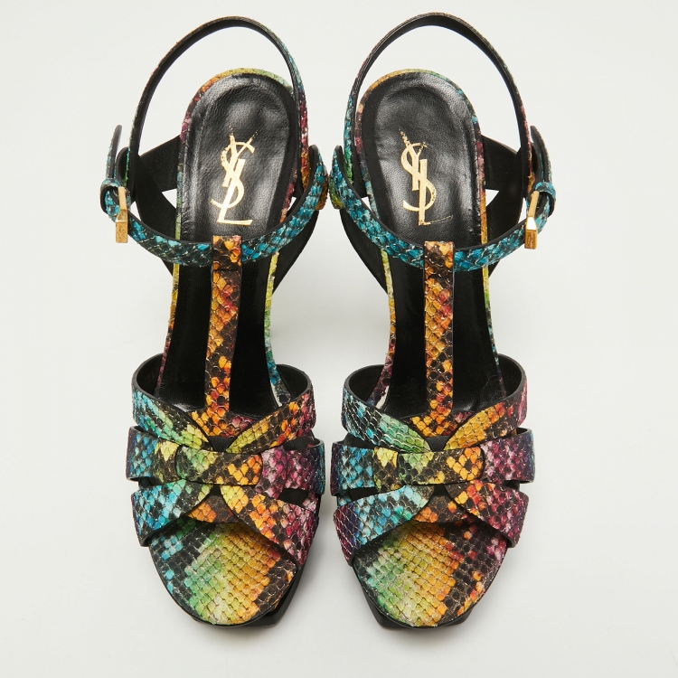 مملوكة مسبقًا Saint Laurent Multicolor Python Embossed Leather Tribute Sandals Size 39.5