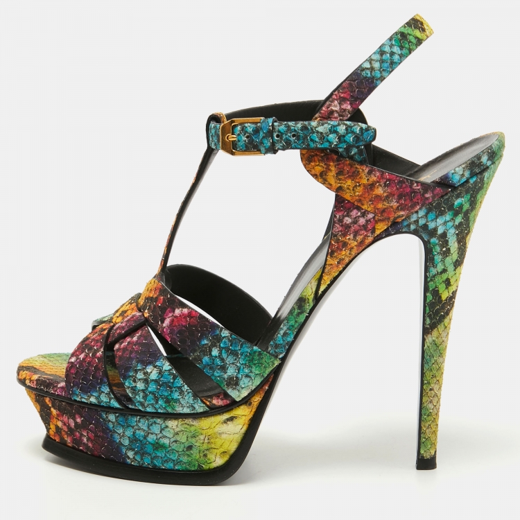 مملوكة مسبقًا Saint Laurent Multicolor Python Embossed Leather Tribute Sandals Size 39.5