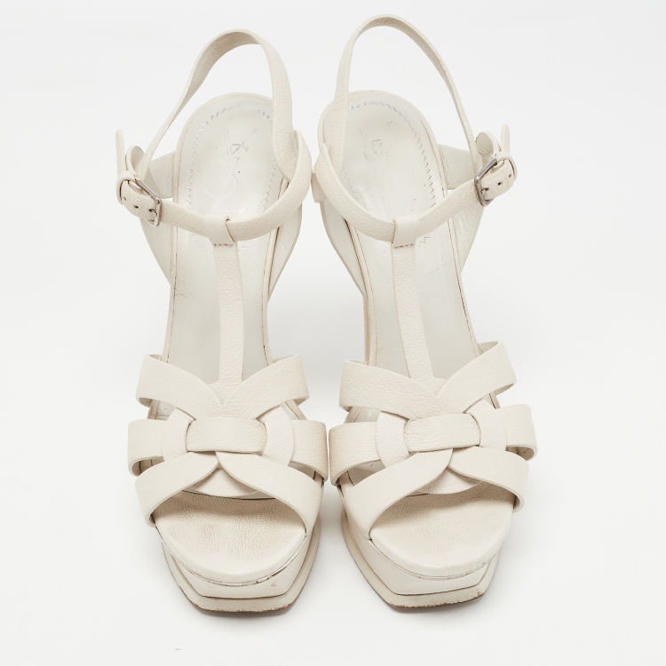 Pre Owned Saint Laurent Cream Leather Tribute Sandals Size 39