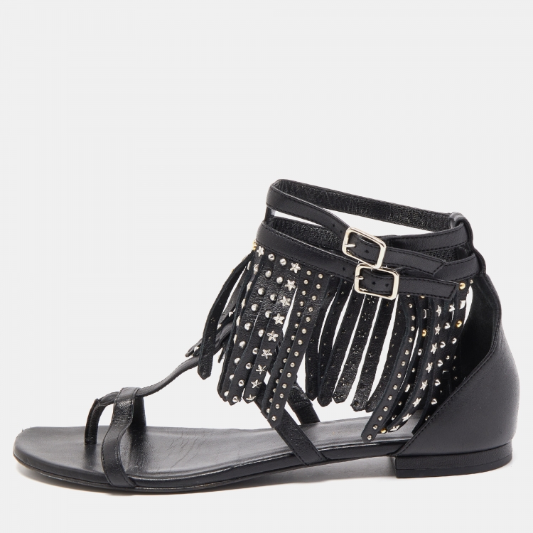 Pre Owned Saint Laurent Paris Black Leather Fringed Detail Ankle Strap Flat Sandals Size 37.5