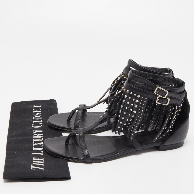Pre Owned Saint Laurent Paris Black Leather Fringed Detail Ankle Strap Flat Sandals Size 37.5