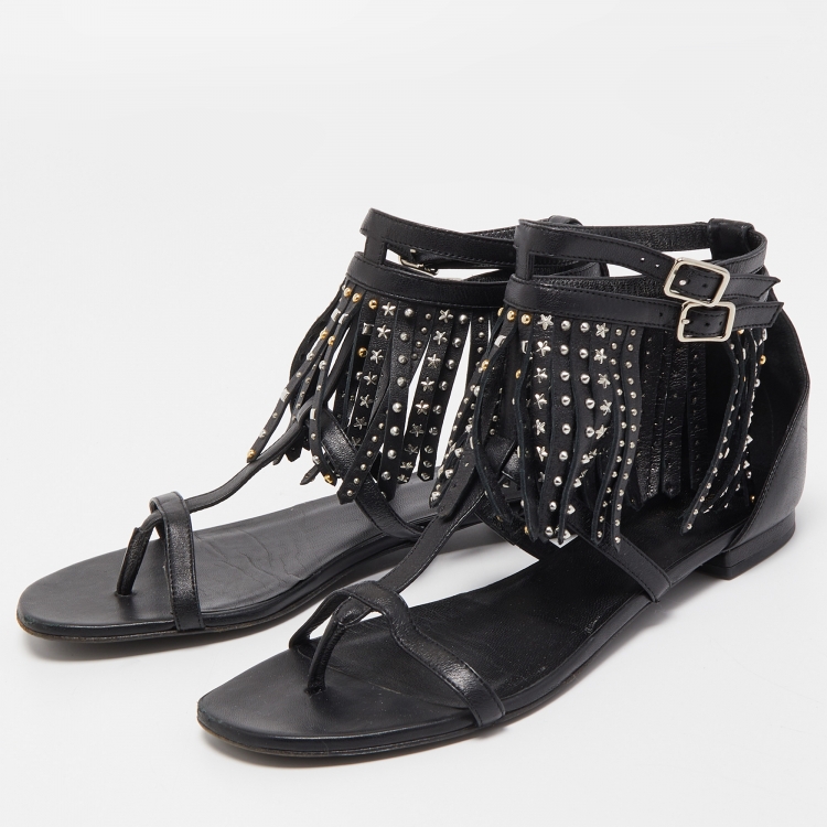 Pre Owned Saint Laurent Paris Black Leather Fringed Detail Ankle Strap Flat Sandals Size 37.5