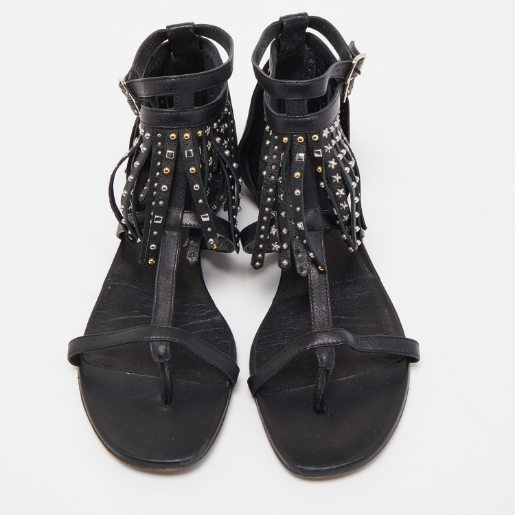 Pre Owned Saint Laurent Paris Black Leather Fringed Detail Ankle Strap Flat Sandals Size 37.5