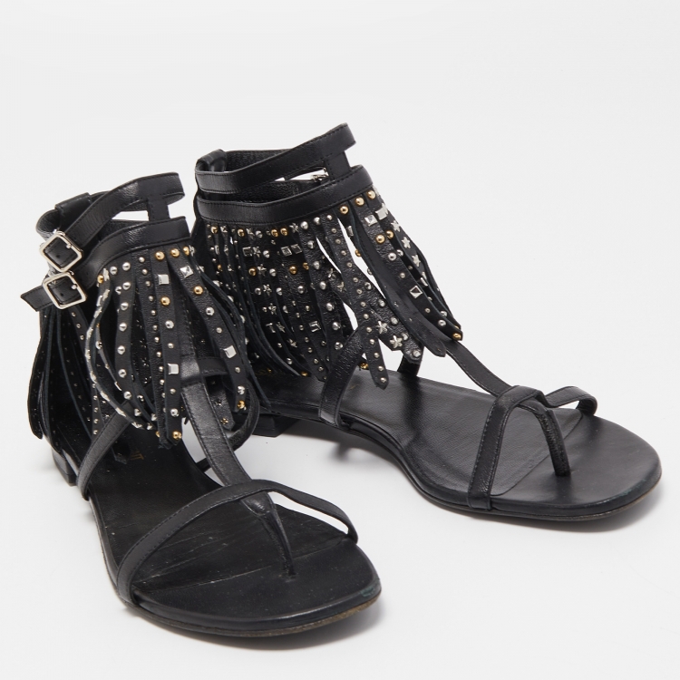 Pre Owned Saint Laurent Paris Black Leather Fringed Detail Ankle Strap Flat Sandals Size 37.5
