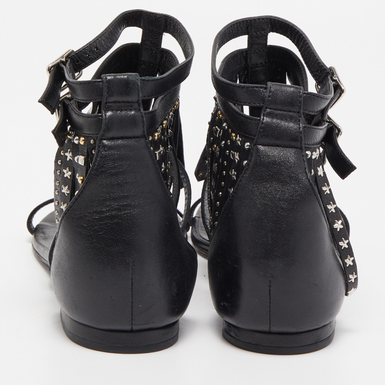Pre Owned Saint Laurent Paris Black Leather Fringed Detail Ankle Strap Flat Sandals Size 37.5