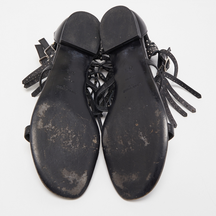 Pre Owned Saint Laurent Paris Black Leather Fringed Detail Ankle Strap Flat Sandals Size 37.5