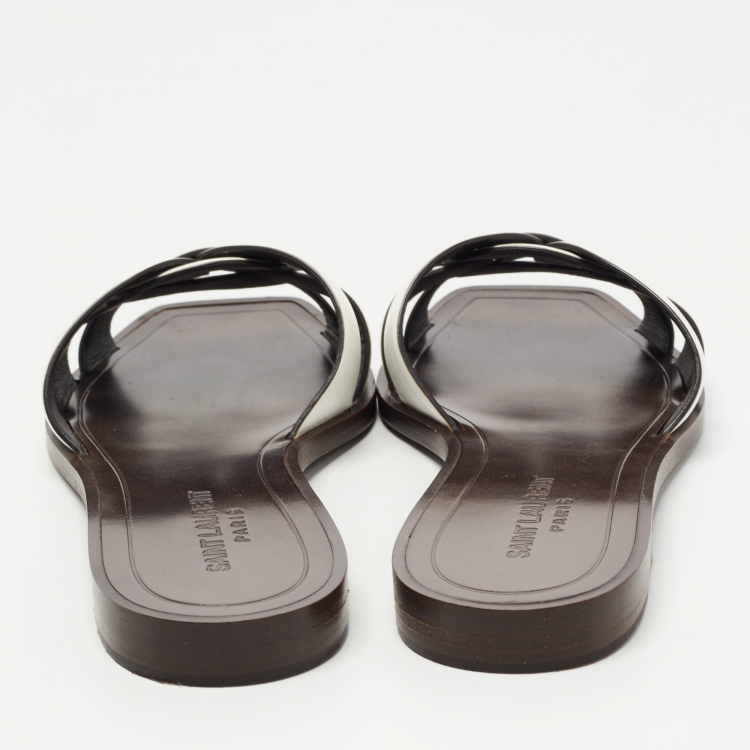 Pre Owned Saint Laurent White Leather Tribute  Flat Slides Size 37 
