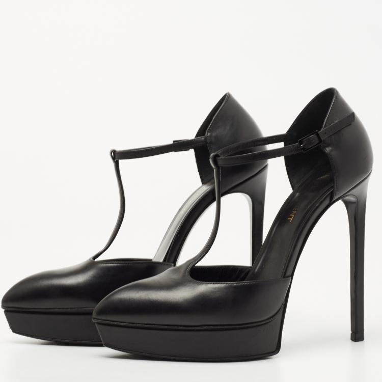 Pre Owned Saint Laurent Black Leather T Strap Pumps Size 36