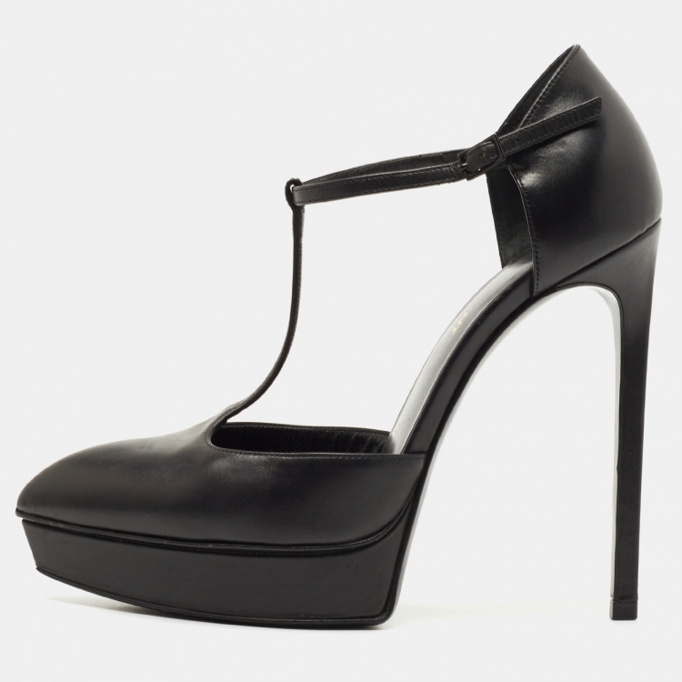 Pre Owned Saint Laurent Black Leather T Strap Pumps Size 36