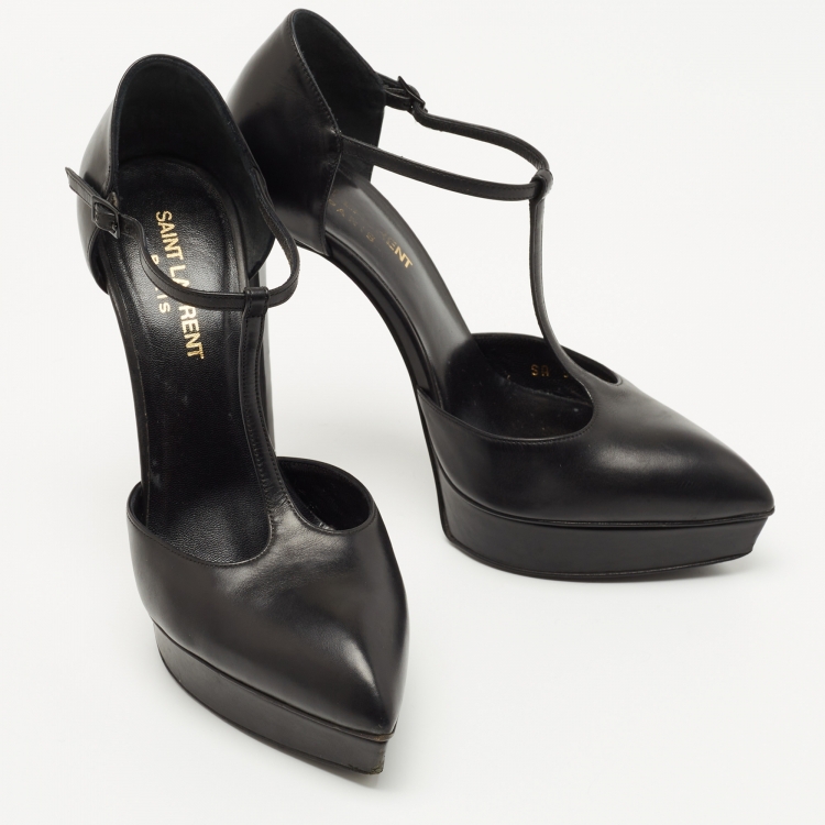 Pre Owned Saint Laurent Black Leather T Strap Pumps Size 36