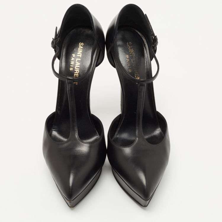 Pre Owned Saint Laurent Black Leather T Strap Pumps Size 36