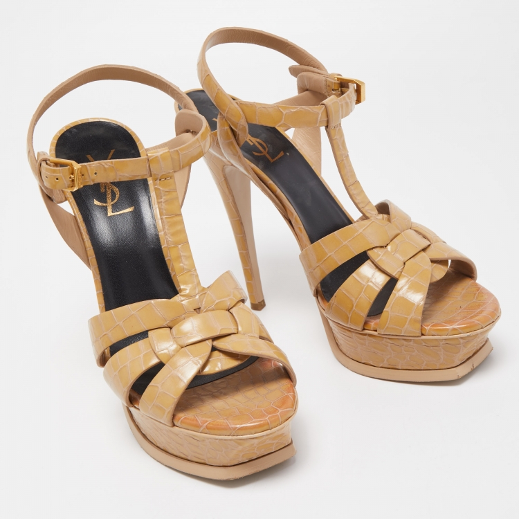 Pre Owned Saint Laurent Beige Croc Embossed Leather Tribute Ankle Strap Sandals Size 38.5