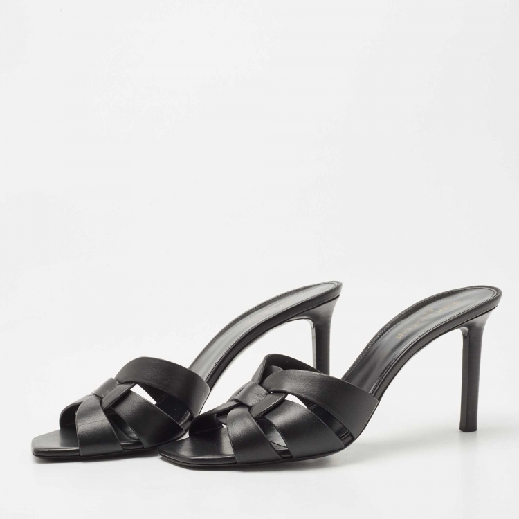 مملوكة مسبقًا Saint Laurent Black Leather Tribute Slide Sandals Size 40
