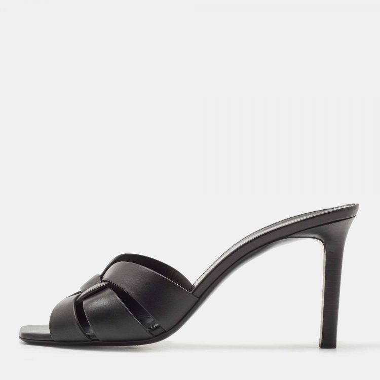 مملوكة مسبقًا Saint Laurent Black Leather Tribute Slide Sandals Size 40
