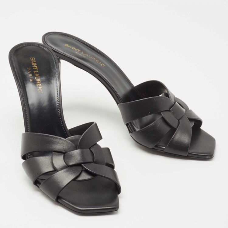 مملوكة مسبقًا Saint Laurent Black Leather Tribute Slide Sandals Size 40