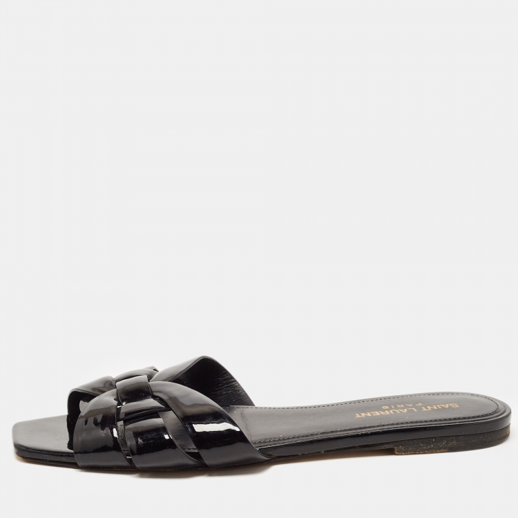 Pre Owned Saint Laurent Black Patent Leather Tribute Flat Slides Size 39